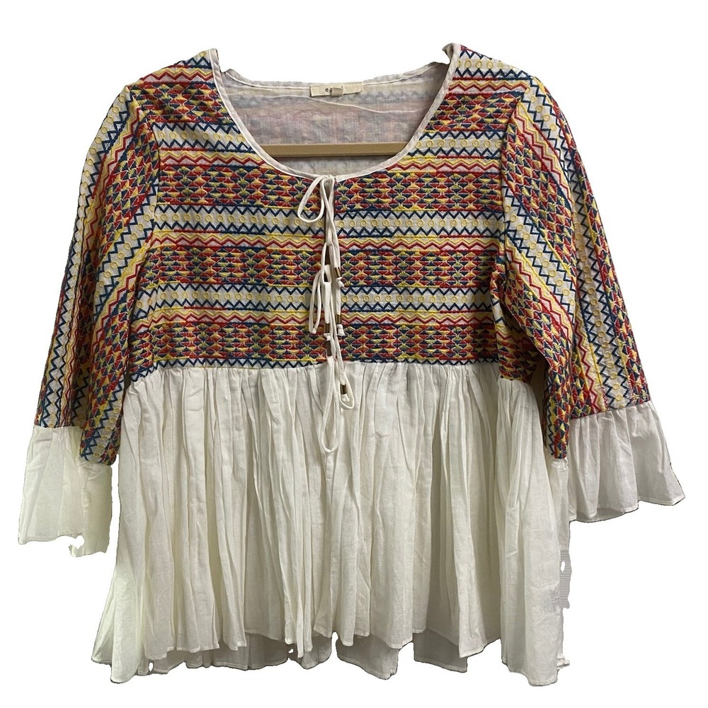Easel Women Boho Embroidered Peplum Top White/Red/Yellow Shirt M